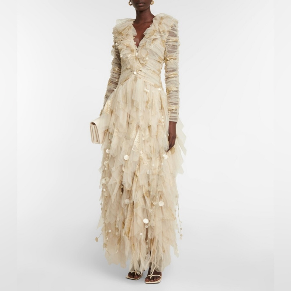 Zimmermann Kaleidoscope Gold Tulle Embellished Embroidered Tiered Gown Size 1